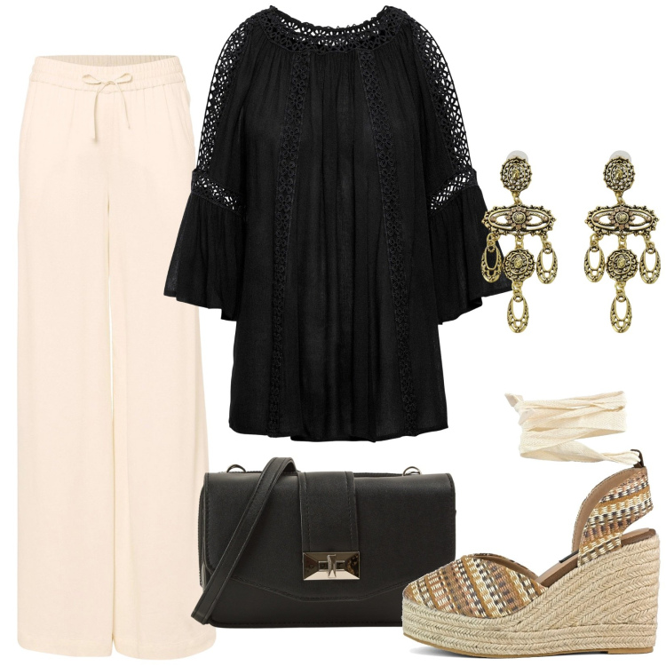 Outfit donna - Sera d\'agosto. Stile Boho per Serata fuori. Abbinamento con tuniche, pantaloni, borse a tracolla, orecchini, zeppe.