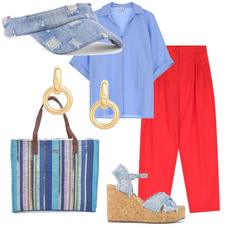 Outfit donna - Caffè in piazza. Stile Casual chic per Tutti i giorni. Abbinamento con camicie a manica corta, pantaloni, orecchini, zeppe, cappelli con visiera, shopping bag.