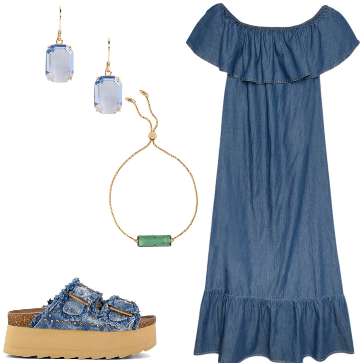 Outfit donna - In città. Stile Casual chic per Tutti i giorni. Abbinamento con orecchini, braccialetti, vestiti lunghi, zeppe.