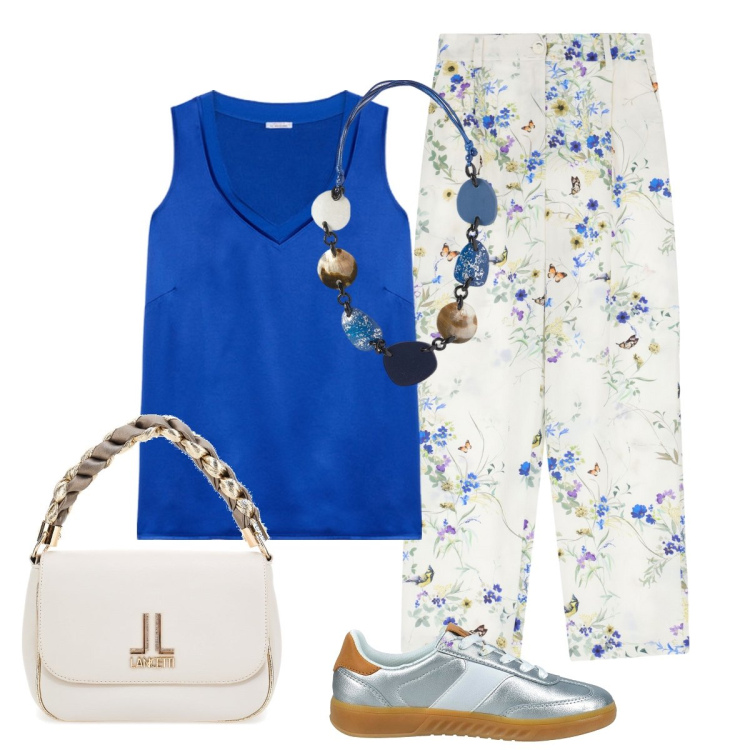 Outfit donna - Sobria eleganza. Stile Casual chic per Tutti i giorni. Abbinamento con pantaloni, top, sneakers, borse a tracolla, collane.