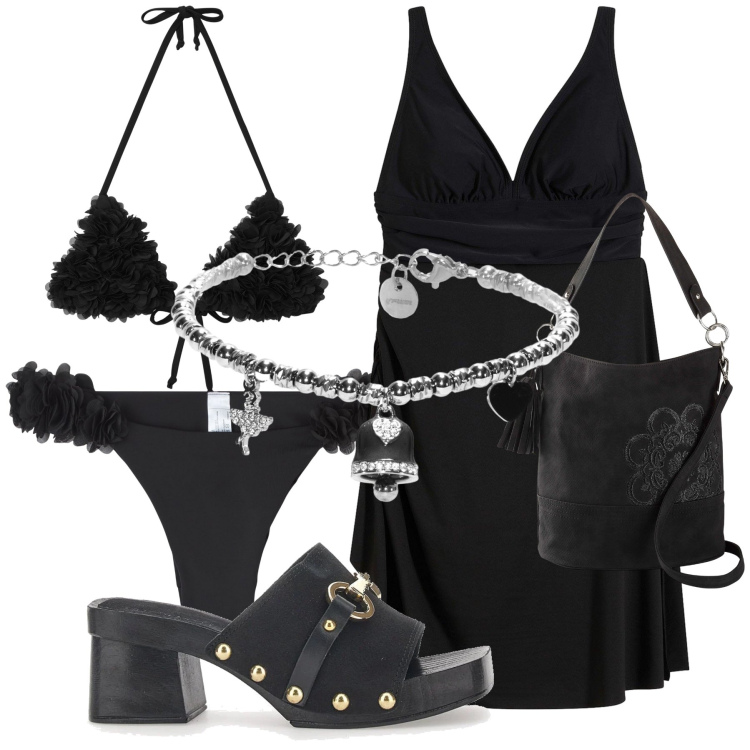 Outfit donna - Il bikini frou frou. Stile Glamour per Mare. Abbinamento con vestiti da spiaggia, borse a mano, bikini, bikini, braccialetti, zoccoli.