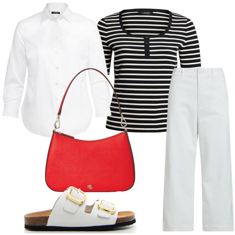 Outfit donna - La maglietta serafino. Stile Casual per Tutti i giorni. Abbinamento con pantaloni, camicie, borse a spalla, t-shirt, ciabatte.