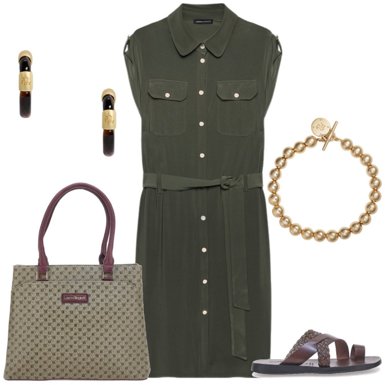 Outfit donna - In città. Stile Casual chic per Tutti i giorni. Abbinamento con braccialetti, orecchini, vestiti chemisier, ciabatte, borse a spalla.