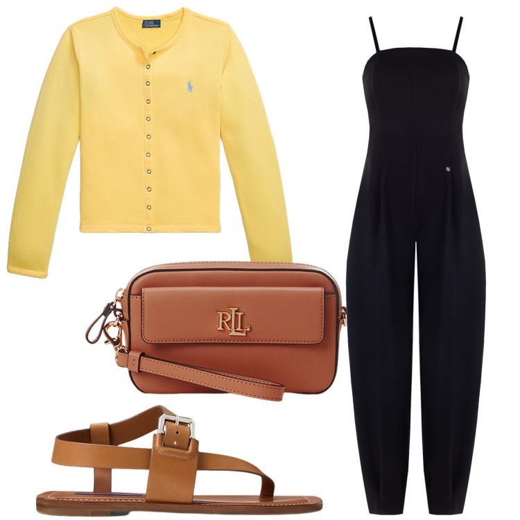 Outfit donna - Occasione speciale. Stile Basic per Serata fuori. Abbinamento con tute, pochette, sandali in pelle, cardigans.