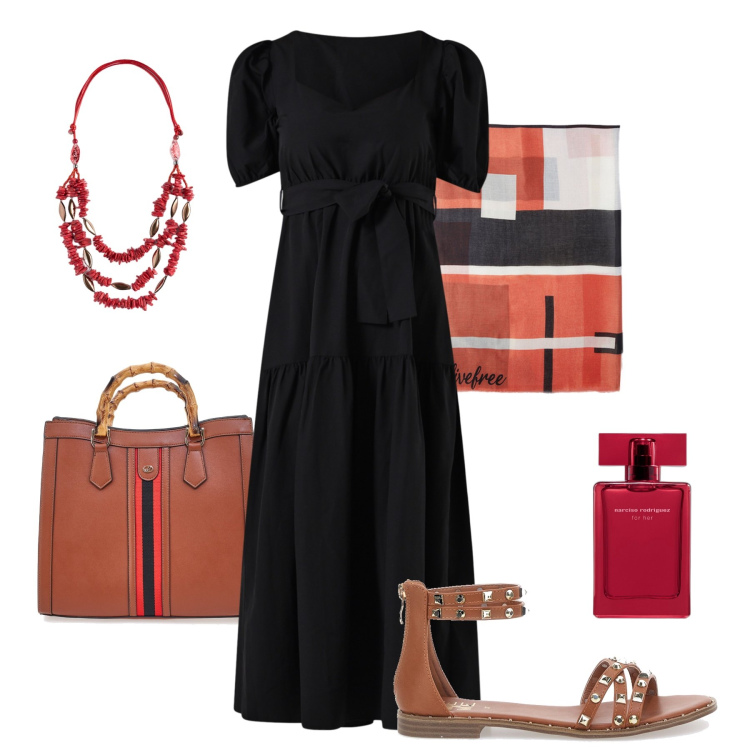 Outfit donna - L’abitino fresco must have. Stile Trendy per Tutti i giorni. Abbinamento con profumi, vestiti lunghi, collane, sandali, borse a tracolla, sciarpe.
