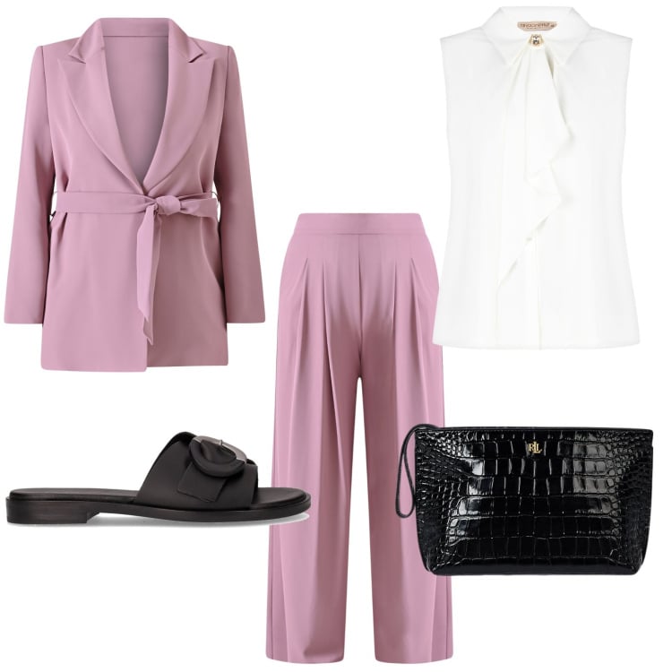 Outfit donna - Look ideale per evento. Stile Chic per Serata fuori. Abbinamento con blazer, pantaloni a palazzo, top, pochette, ciabatte.