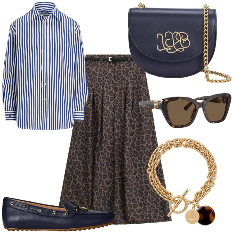 Outfit donna - Total look #2227135. Stile Glamour per Tutti i giorni. Abbinamento con pantaloni, occhiali da sole, camicie, mocassini, braccialetti con ciondoli, borse a tracolla.