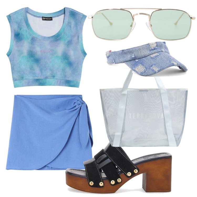 Outfit donna - Total Look piscina. Stile Casual chic per Mare. Abbinamento con vestiti da spiaggia, shopping bag, occhiali da sole, top, zoccoli, cappelli con visiera.