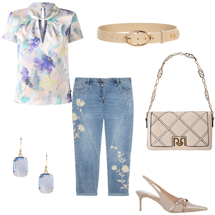 Outfit donna - Denim & Blusa. Stile Sporty chic per Serata fuori. Abbinamento con borse a tracolla, décolleté, cinture, bluse, orecchini, jeans.