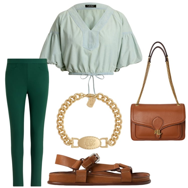 Outfit donna - Pantaloni verde bosco. Stile Casual per Tutti i giorni. Abbinamento con pantaloni, borse a spalla, camicie, braccialetti, sandali in pelle.