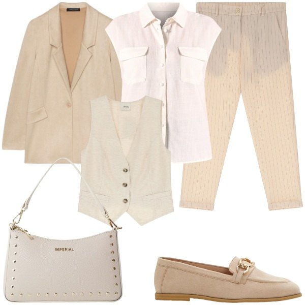 Outfit donna - Tailoring sotto il sole. Stile Mannish per Serata fuori. Abbinamento con mocassini, camicie, pantaloni, borse a spalla, gilet, blazer.