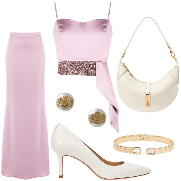 Outfit donna - Cerimonia. Stile Chic per Cerimonia. Abbinamento con top, gonne lunghe, borse a spalla, orecchini, décolleté, braccialetti.