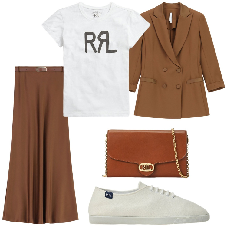 Outfit donna - Sporty chic. Stile Glamour per Serata fuori. Abbinamento con gonne lunghe, blazer, t-shirt, borse a tracolla, sneakers.