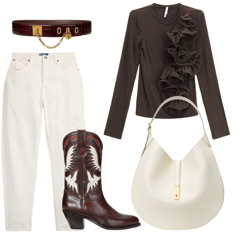 Outfit donna - Effetto rouches. Stile Glamour per Serata fuori. Abbinamento con t-shirt, stivali, cinture, borse a spalla, jeans.