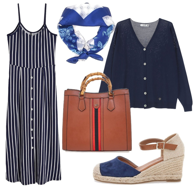 Outfit donna - Una fresca serata d’estate. Stile Bon Ton per Serata fuori. Abbinamento con vestiti midi/longuette, cardigans, sandali, borse a tracolla, foulard.