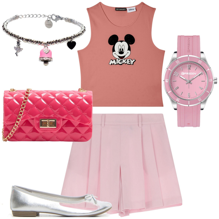 Outfit donna - Rosa Curvy. Stile Glamour per Tutti i giorni. Abbinamento con borse a tracolla, gonne, orologi, braccialetti, canottiere, ballerine.