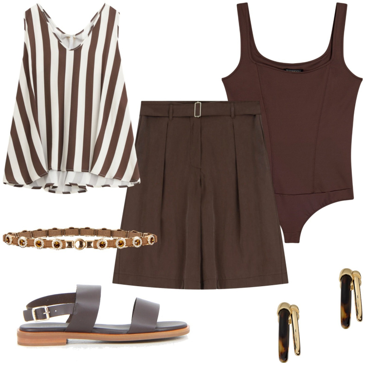 Outfit donna - Total look #2227156. Stile Trendy per Mare. Abbinamento con cinture, top, pantaloni corti, body, orecchini, sandali.