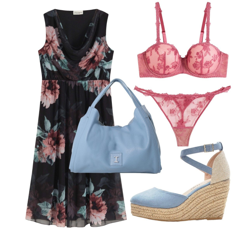 Outfit donna - Completo sexy. Stile Sexy per Serata fuori. Abbinamento con vestiti midi/longuette, reggiseni a balconcino, sandali, perizomi, pochette.