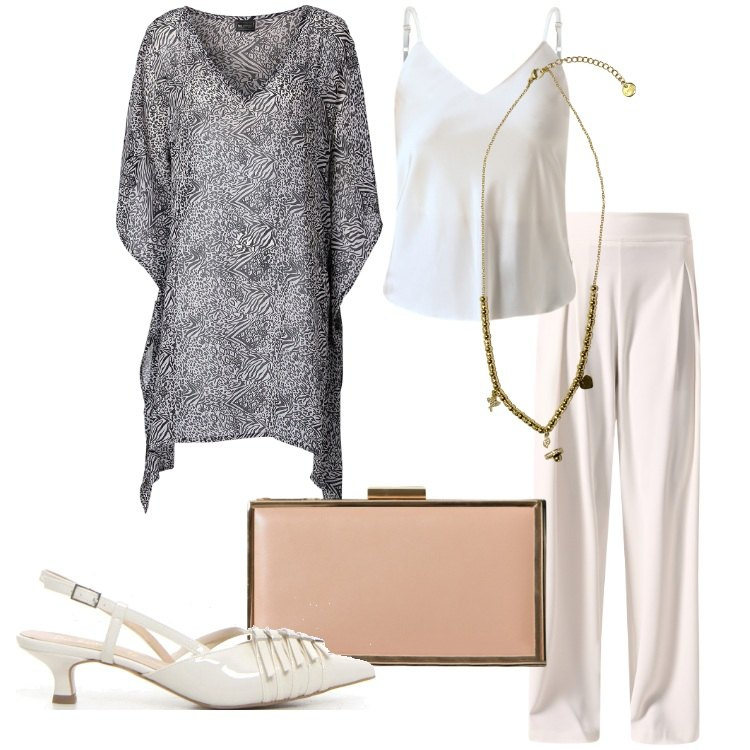 Outfit donna - Caftano elegante per le sere d’agosto. Stile Chic per Serata fuori. Abbinamento con vestiti da spiaggia, top, pochette, pantaloni a palazzo, ciondoli, décolleté.