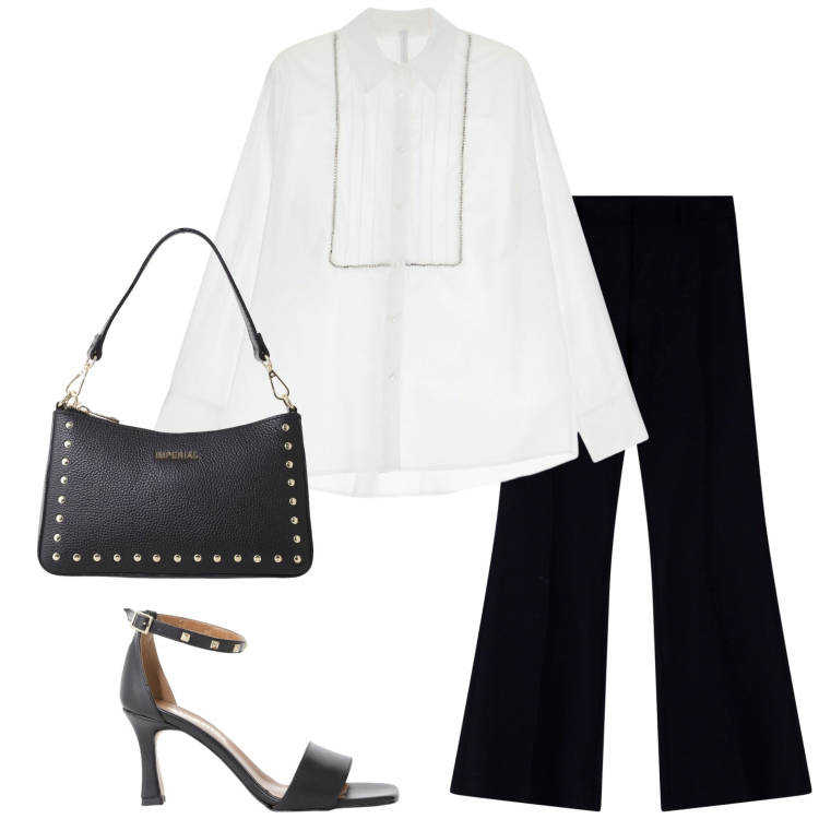 Outfit donna - Imperial Sale. Stile Casual chic per Serata fuori. Abbinamento con camicie, borse a spalla, pantaloni, sandali col tacco.