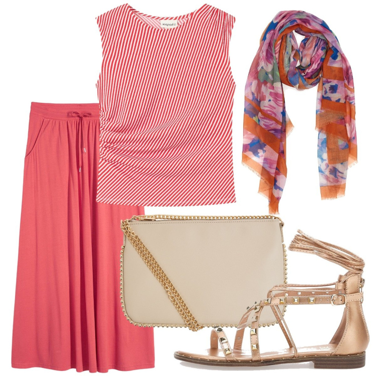 Outfit donna - Passeggiata sul lungomare. Stile Casual chic per Serata fuori. Abbinamento con top, gonne, borse a tracolla, sandali alla schiava, sciarpe.