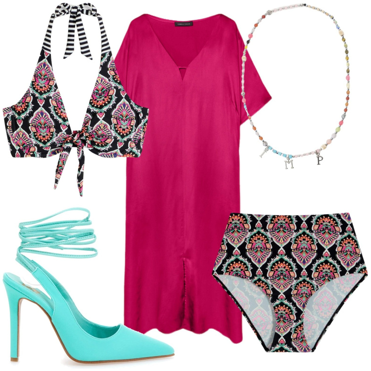 Outfit donna - Serata in spiaggia. Stile Chic per Mare. Abbinamento con bikini, bikini, collane, vestiti lunghi, décolleté.
