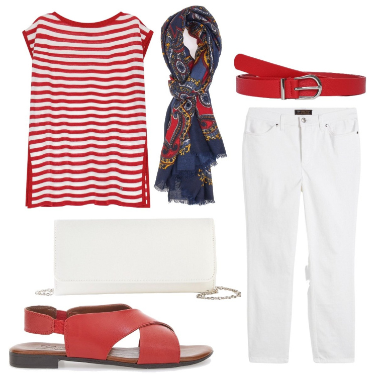 Outfit donna - Stile marinaro. Stile Casual chic per Tutti i giorni. Abbinamento con pochette, pantaloni, cinture, maglieria, sandali, foulard.
