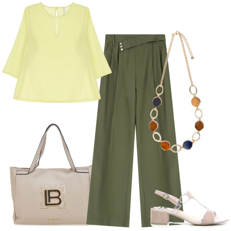 Outfit donna - Total look #2227172. Stile Casual chic per Ufficio. Abbinamento con pantaloni, bluse, collane, borse a spalla, sandali col tacco.