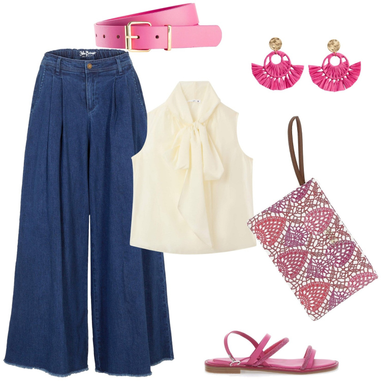 Outfit donna - Denim & blusa. Stile Casual chic per Serata fuori. Abbinamento con gonne, cinture, orecchini, bluse, sandali, pochette.