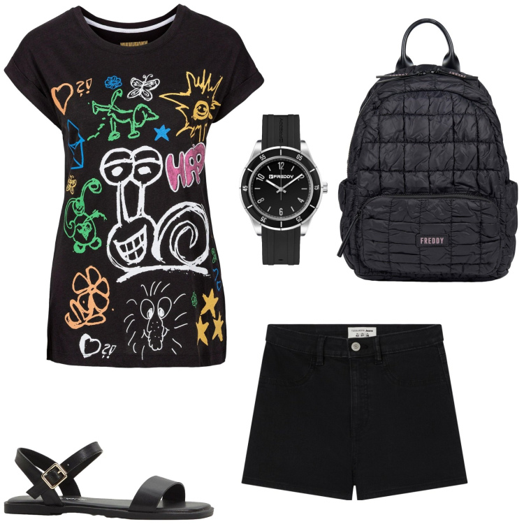 Outfit donna - La t-shirt Urban style. Stile Urban per Tutti i giorni. Abbinamento con t-shirt, sandali, shorts, zaini, orologi.