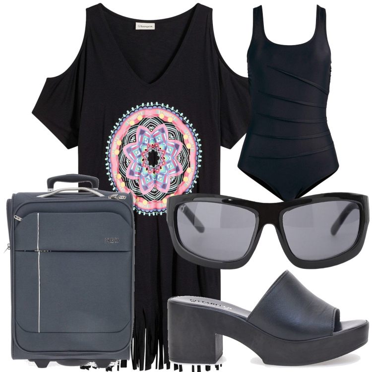 Outfit donna - Essenziale verso il mare. Stile Basic per Mare. Abbinamento con vestiti da spiaggia, costumi interi, occhiali da sole, zoccoli, valigie.