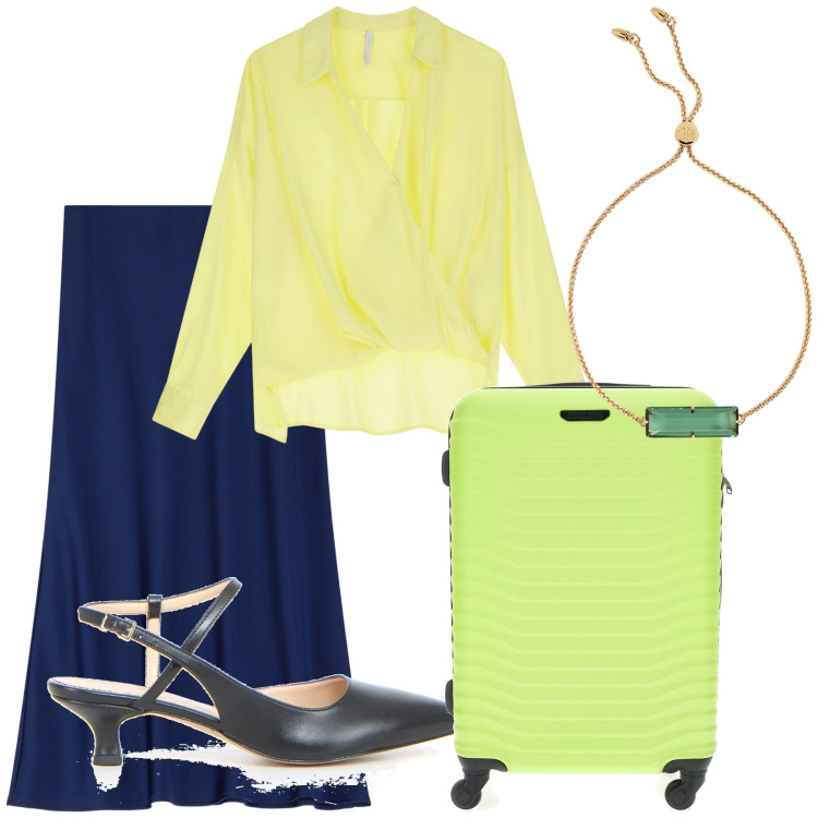 Outfit donna - Viaggio di lavoro. Stile Urban per Ufficio. Abbinamento con gonne longuette, bluse, braccialetti, valigie, décolleté.