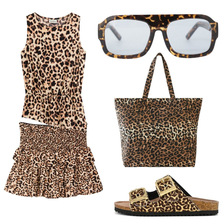Outfit donna - Super maculata. Stile Minimal per Mare. Abbinamento con shopping bag, top, minigonne, occhiali da sole, sandali in pelle.