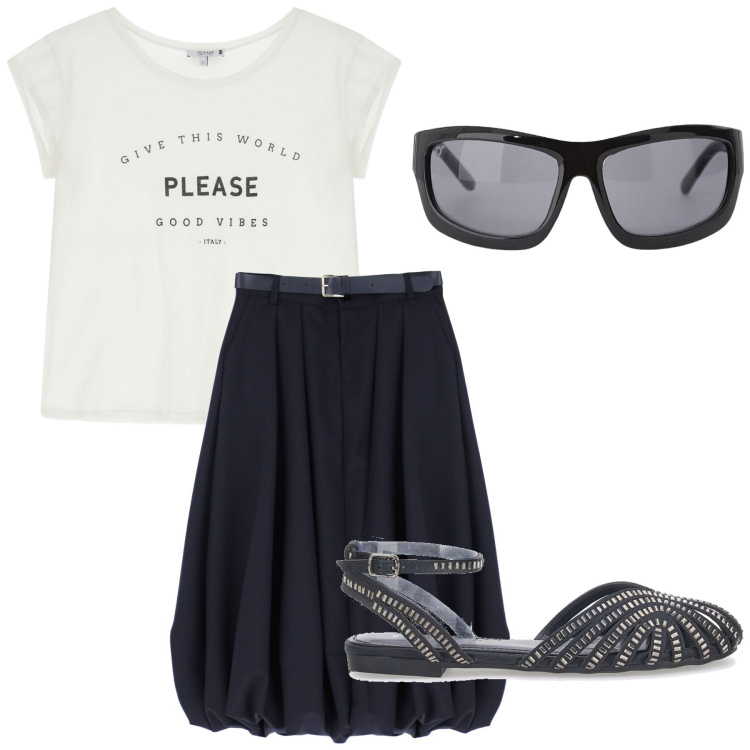 Outfit donna - Total look #2227187. Stile Glamour per Tutti i giorni. Abbinamento con t-shirt, occhiali da sole, gonne longuette, sandali gioiello.