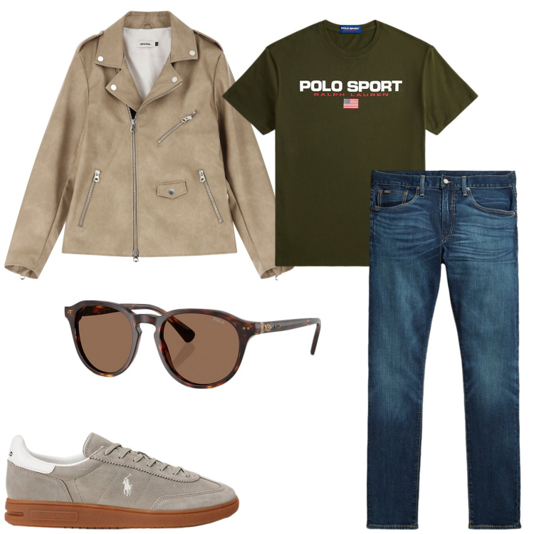 Outfit uomo - Biker in similpelle. Stile Trendy per Tutti i giorni. Abbinamento con giacche, occhiali da sole, sneakers, t-shirt, jeans.