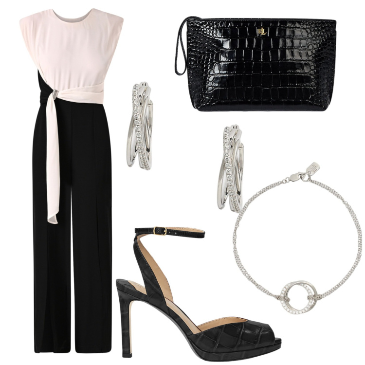Outfit donna - Eleganza sofisticata. Stile Chic per Cerimonia. Abbinamento con tute, braccialetti, orecchini, pochette, sandali in pelle.