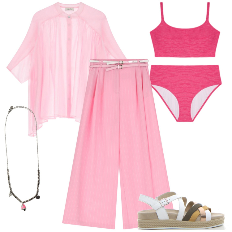Outfit donna - Set due pezzi in coordinato. Stile Casual chic per Mare. Abbinamento con pantaloni a palazzo, ciondoli, camicie, bikini, sandali.