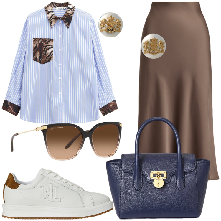 Outfit donna - Total look #2227200. Stile Casual chic per Serata fuori. Abbinamento con camicie, occhiali da sole, orecchini, borse a mano, gonne, sneakers.