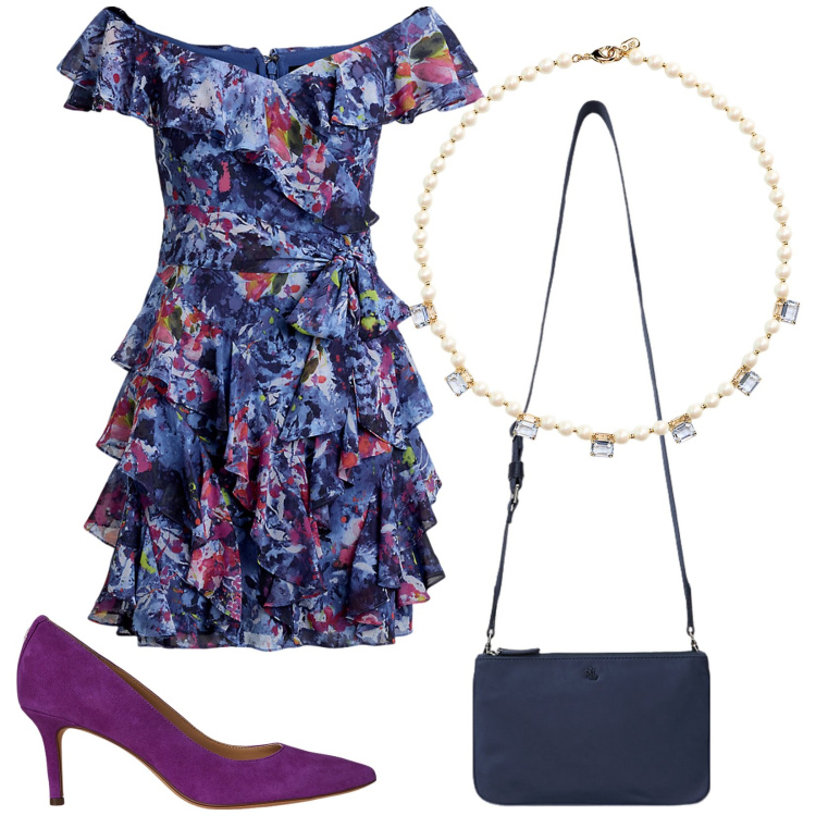 Outfit donna - Cocktail party. Stile Glamour per Serata fuori. Abbinamento con vestiti, décolleté, collane, borse a tracolla.