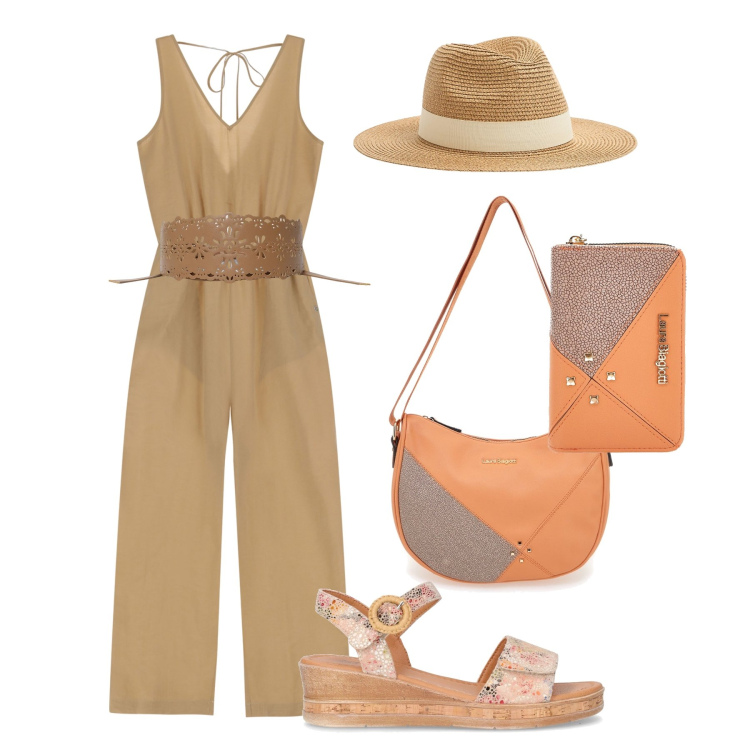 Outfit donna - Accessoriata in città. Stile Casual per Tutti i giorni. Abbinamento con cinture, cappelli, tute, portafogli, borse a tracolla, sandali.