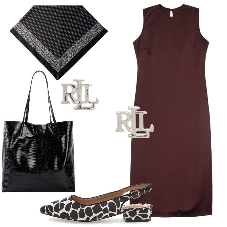 Outfit donna - Abito lungo semplice e accessori. Stile Trendy per Serata fuori. Abbinamento con shopping bag, orecchini, vestiti midi/longuette, ballerine, foulard.