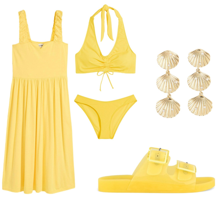 Outfit donna - Estate gialla. Stile Casual per Mare. Abbinamento con vestiti, bikini, orecchini, sandali.