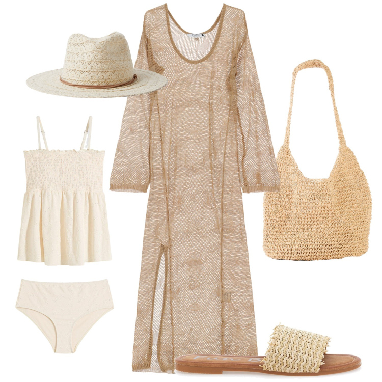 Outfit donna - Spiaggia e aperitivo. Stile Trendy per Mare. Abbinamento con costumi interi, shopping bag, cappelli, vestiti lunghi, ciabatte.