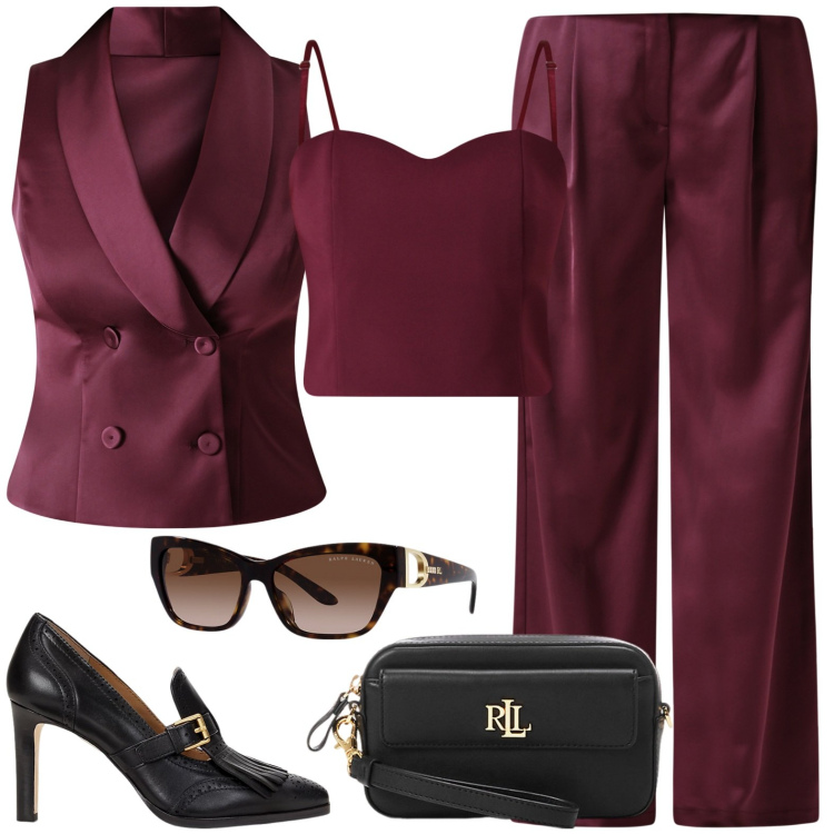 Outfit donna - Total look #2227214. Stile Chic per Cerimonia. Abbinamento con pantaloni a palazzo, gilet, top, décolleté, pochette, occhiali da sole.