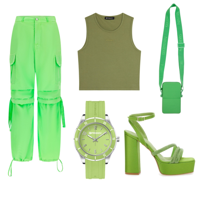 Outfit donna - Bosco verde. Stile Chic per Serata fuori. Abbinamento con orologi, pantaloni cargo, top, sandali col tacco, borse a tracolla.