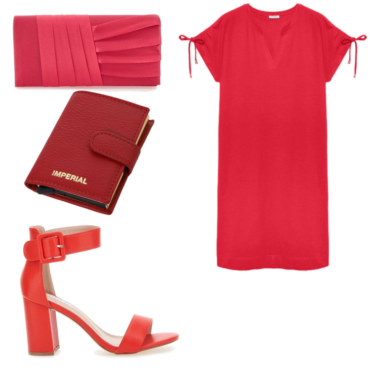 Outfit donna - Appuntamento rosso fuoco. Stile Chic per Serata fuori. Abbinamento con portafogli, sandali col tacco, pochette, vestiti midi/longuette.