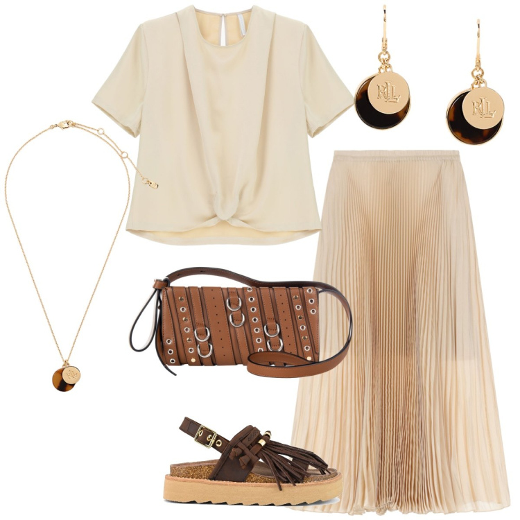 Outfit donna - In vacanza. Stile Casual chic per Tutti i giorni. Abbinamento con borse a spalla, bluse, gonne lunghe, orecchini, collane, sandali.