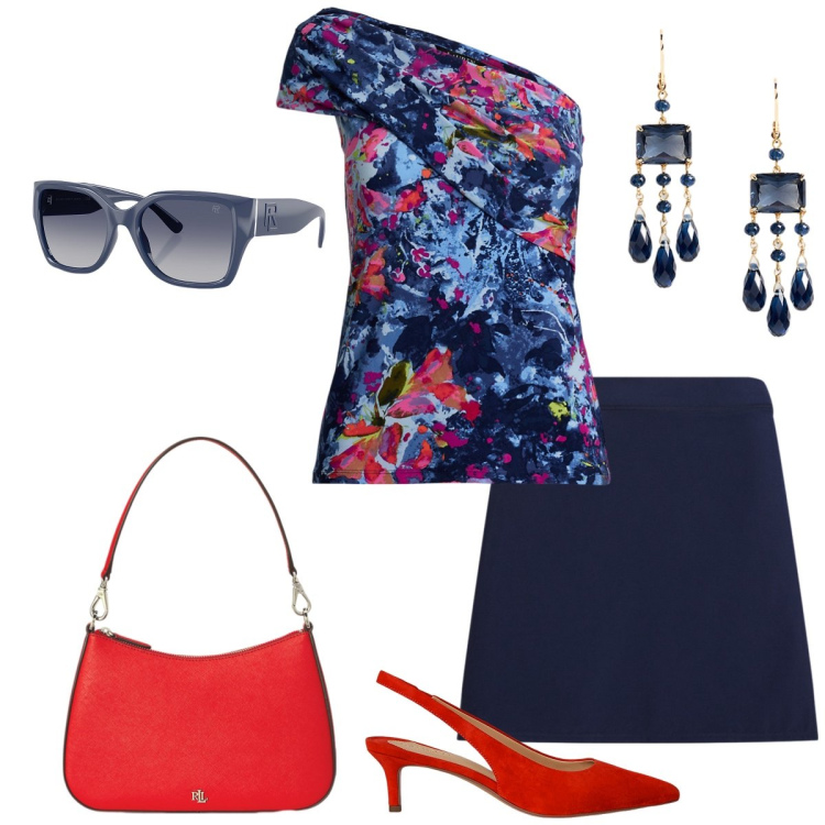 Outfit donna - Aperitivo. Stile Casual chic per Serata fuori. Abbinamento con minigonne, occhiali da sole, top, décolleté, borse a spalla, orecchini.