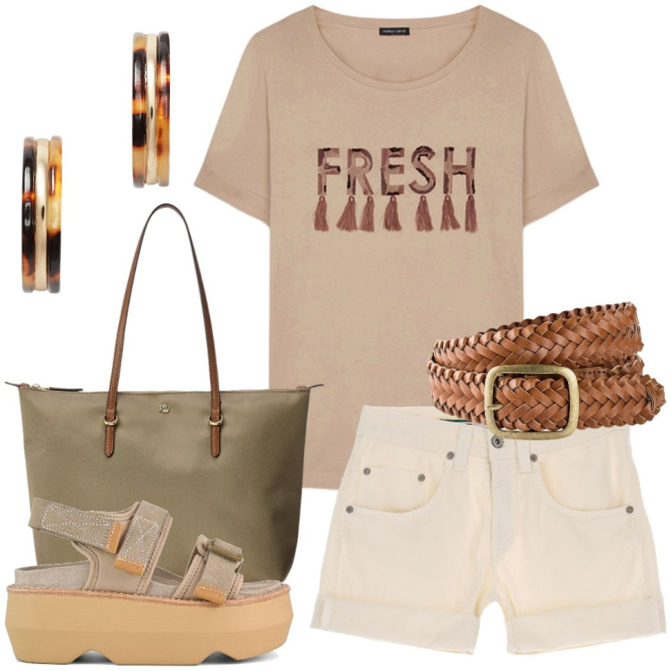 Outfit donna - Ferragosto. Stile Casual per Mare. Abbinamento con cinture, shorts, borse tote, orecchini, sandali col tacco, t-shirt.