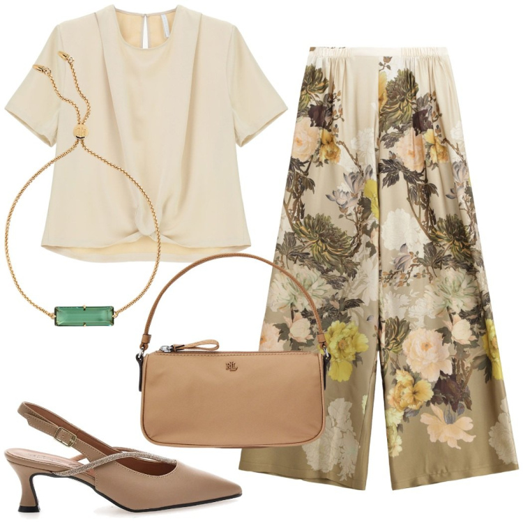 Outfit donna - Pranzo fuori. Stile Chic per Tutti i giorni. Abbinamento con pantaloni a palazzo, bluse, braccialetti, pochette, décolleté.